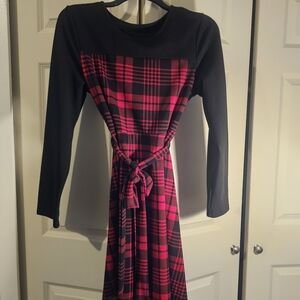 Black & Pink Plaid Long Sleeve Midi Dress with Tie Waist